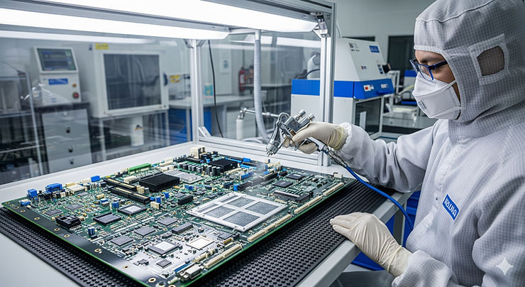 Industrial PCB assembly being ruggedized with conformal coating for moisture and dust protection.