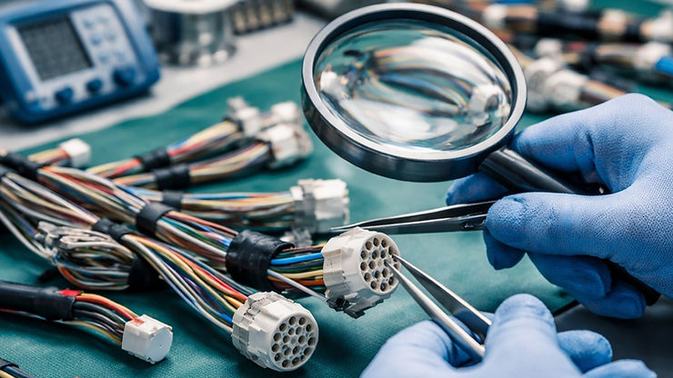 Gloved hands inspect cable harness assemblies in a tech setting, conveying focus and precision.