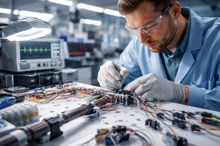 Technician in blue coat and gloves works on colorful wire assemblies with tools in lab. Monitors display green waveforms. Bright, focused setting.